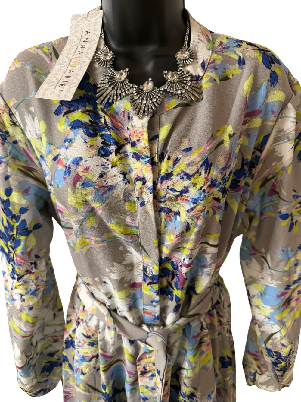 NWT Annahhariri Floral Long Sleeve Belted Maxi Dress in Gray - Picture 4 of 12